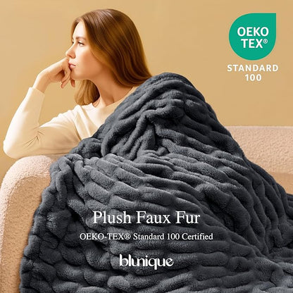 Ultra Soft Cozy Faux Fur Throw Blanket, Fuzzy Plush Thick Bubble Blanket, Oversize Luxury Fluffy Blanket for Couch, Sofa, Bedroom, and Living Room,50x60 Inches,Double Sided Charcoal Gray