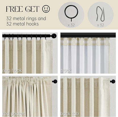 Topfinel 92 Inches Long Custom Black Out Drapery Panels, Rustic Burlap Textured Opaque Pleated Window Coverings, Kids Cream Boho Heat Blocking Back Tab Curtains for Sunroom Bay Window