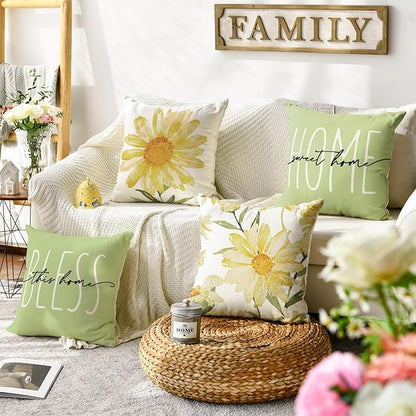 AVOIN colorlife Home Sweet Home Spring Summer Flowers Green Throw Pillow Covers, 20 x 20 Inch Cushion Case for Sofa Couch Set of 4