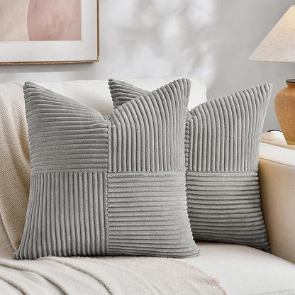 Fancy Homi 2 Packs Grey Samll Decorative Throw Pillow Covers 14x14 Inch with for Couch Bed Sofa, Rustic Farmhouse Boho Home Decor, Soft Corss Patchwork Corduroy Square Cushion Case 35x35 cm