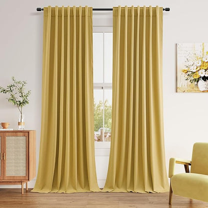 Gold 100% Blackout Linen Curtains 84 Inch Length 2 Panels Set for Living Room Bedroom Back Tab Thermal Insulated Black Out Drapes Room Darkening Farmhouse Style for Bedroom Window Curtains 52x84