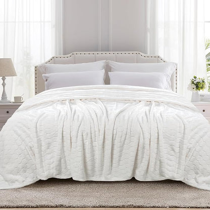 TOONOW Fleece Bed Blanket Queen Size 90x90 inches , Super Soft Fluffy Fuzzy Plush Blanket Geometric Pattern Cozy Microfiber Flannel Blankets for Couch, Bed, Sofa, Cream White