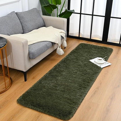 Goideal Fluffy Runner Rug for Bedroom Living Room, 2x6 Olive Green Bedside Rugs, Faux Fur Shag Modern Carpet Ultra Soft Girls Boys Room Home Decor, Solid