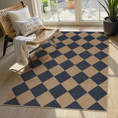 Lahome Colette Checkered Easy Jute Entryway Rug, 3x5 Washable Area Rugs for Living Room Outdoor Patio, Non Slip Blue Indoor Door Mat Checkerboard Throw Carpet for Entry Front Door Guestroom Deck