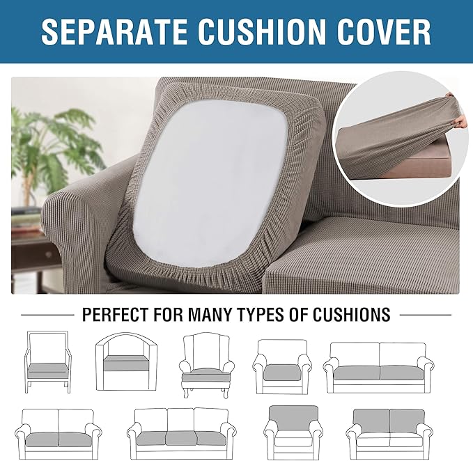 H.VERSAILTEX 4 Piece Stretch Sofa Covers for 3 Cushion Couch Covers for Living Room Furniture Slipcovers (Base Cover Plus 3 Seat Cushion Covers) Upgraded Thicker Jacquard Fabric (XL Sofa, Taupe)