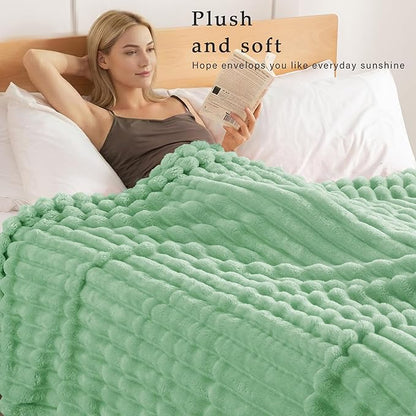 Exclusivo Mezcla Twin Size Flannel Fleece Blanket, Super Soft Striped Jacquard Bed Blanket, Lightweight Fuzzy Cozy for All Seasons, 60x80 Inches, Sage Green