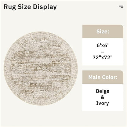 6x6 Brown Round Rug 6ft Living Room Circle Rug Vintage Round Area Rug Non Slip Indoor Carpet for Dining Room Bedroom