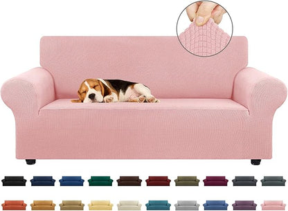 KEKUOU Stretch Loveseat Sofa Cover Slipcover,Couch Covers for 2 Cushion Couch Sofa (55"-78") Furniture Protector Sofa with Elastic Bottom for Kids,Dog. Jacquard Small Checked (Medium,Dusty Pink)