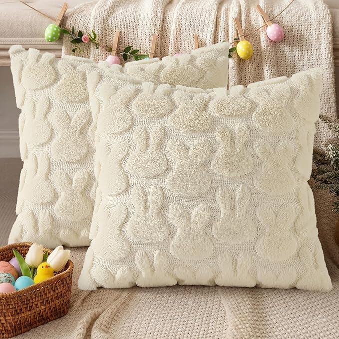 decorUhome Easter Bunny Pillow Covers 20x20 Inch Set of 2, Soft Plush Faux Wool Jacquard Beige Rabbit Cushion Covers, Farmhouse Neutral Spring Easter Holiday Decor for Couch Sofa Bed