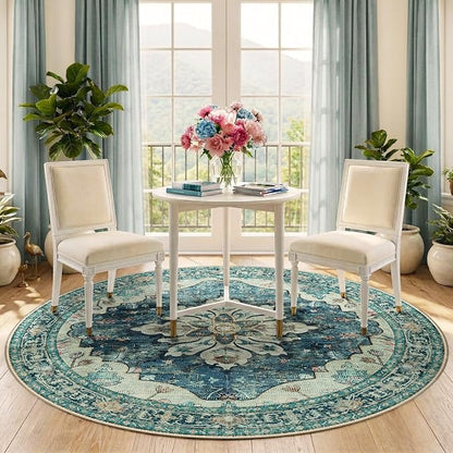 RELEANY Area Rugs 5ft Washable Non-Slip, Floral Vintage Distress Print Pattern Medallion Carpet for Living Room Bedroom Dining Room, Dark Blue Vintage