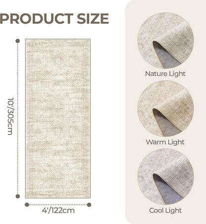4x10 Runner Rug, Washable Hallway Runner Rug with Non-Slip Backing, Low Pile Wide Runner for Living Room, Entryway, Kitchen, Soft Modern Home Decor Mat for Dining Room(4'x10', Beige/Ivory)