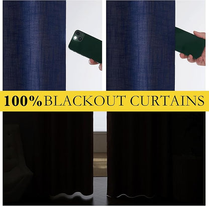 NICETOWN 100% Absolutely Blackout Linen Curtains with Thermal Insulated White Liner, Dark Blue, 52" Wide, 2 Pieces, Privacy Vertical Window Drapes for Office Laundry Living Room Windows 84 inch Long
