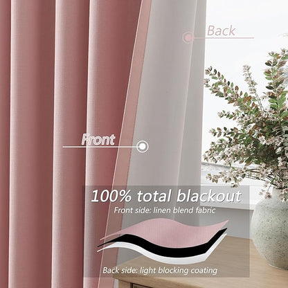 Guken 100% Blackout Linen Curtains 84 Inch 2 Panels Set for Girl's Bedroom, Living Room, Nursery, Back Tab Thermal Insulated Black Out Drapes Room Darkening, Pink