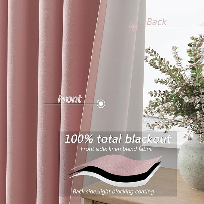 Guken 100% Blackout Linen Curtains 63 Inch 2 Panels Set for Girl's Bedroom, Living Room, Nursery, Back Tab Thermal Insulated Black Out Drapes Room Darkening, Pink