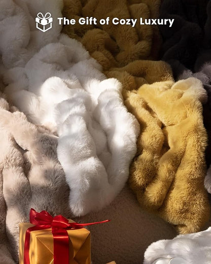 Ultra Soft Cozy Faux Fur Throw Blanket, Fuzzy Plush Thick Bubble Blanket, Luxury Fluffy Blanket for Couch, Sofa, Bedroom, and Living Room, 50x60 Inches, Cream White