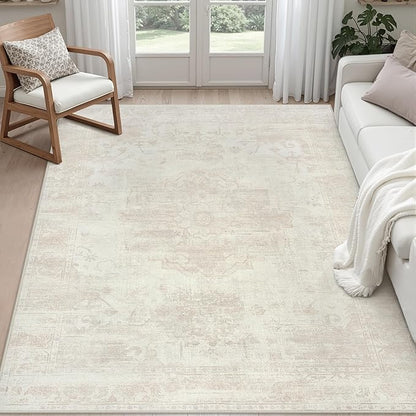 5x7 Area Rugs for Living Room: Vintage Boho Neutral Washable Rug Indoor Soft Large Area Rug Carpet for Bedroom Nursery Farmhouse Dining Room Office Floor Non-Slip Low Pile Under Table Rug Cream Beige
