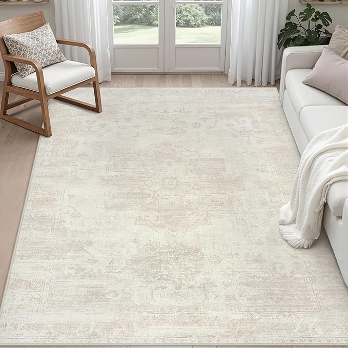 6x9 Area Rugs for Living Room: Vintage Boho Neutral Washable Rug Indoor Soft Large Area Rug Carpet for Bedroom Nursery Farmhouse Dining Room Office Floor Non-Slip Low Pile Under Table Rug Cream Beige