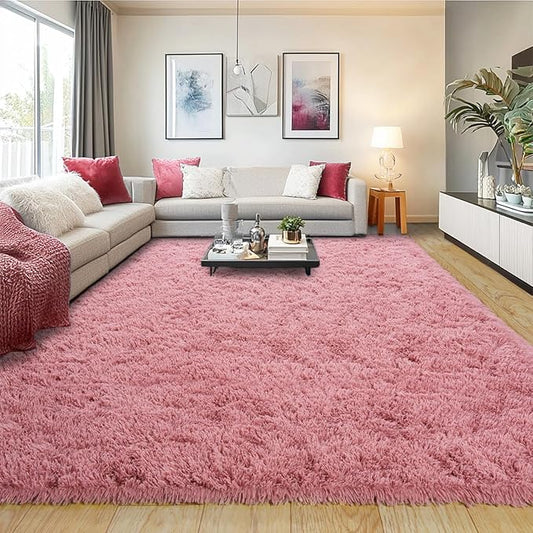 Pionblank 8x10 Rug for Living Room, Fuzzy Plush Large Area Rug, Fluffy Modern Shag Non Slip Soft Furry Carpet for Bedroom Kids Room Nursery Teens Dorm Home Decor, Blush