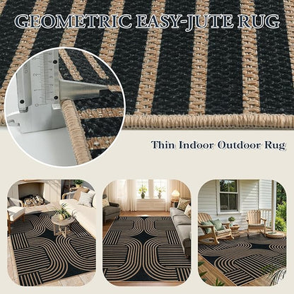 Lahome Enfys Modern Geometric Outdoor Easy Jute Rug, 5x7 Patio Living Room Rug Large Black Carpet for Bedroom, Farmhouse Washable Indoor Outdoor Carpet for Dining Room Backyard Deck