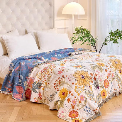 MSGKV Boho Throw Blanket for Couch Chair 100% Cotton Floral Blanket 50"x60" Sofa Blankets Lightweight Farmhouse Muslin Spring Breathable Bed Blankets Home Decor All Seasons