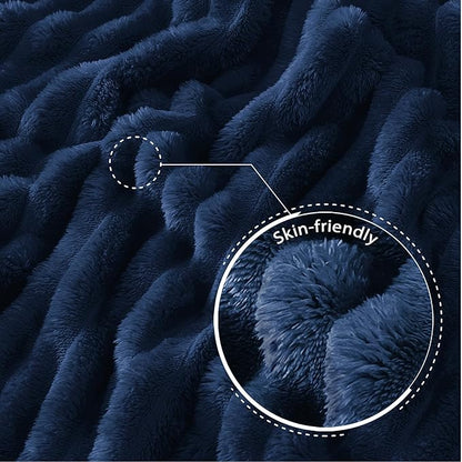 Exclusivo Mezcla California King Size Flannel Fleece Blanket, Super Soft Striped Jacquard Bed Oversized Blanket, Lightweight Fuzzy Cozy for All Seasons, 120x120 Inches, Navy Blue