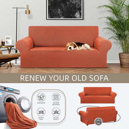 KEKUOU Stretch Loveseat Sofa Cover Slipcover,Couch Covers for 2 Cushion Couch Sofa (55"-78") Furniture Protector Sofa with Elastic Bottom for Kid,Dog. Jacquard Small Checked (Medium,Pureed Pumpkin)