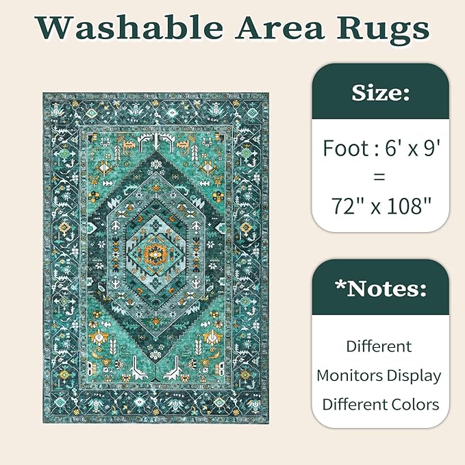 SERISSA Washable Rugs 6x9 Area Rugs, Large Non-Slip Boho Living Room Teal Rug, Ultra Soft Vintage Print Distressed Oriental Tribal Farmhouse Carpet for Dining Room Bedroom Dorm Office Home Decor