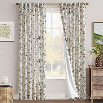 jinchan Floral Curtains Lined Linen Blend Curtain for Living Room 84 Inch Length Black Farmhouse Flower Patterned Curtain French Country Curtains Drapes Back Tab Rod Pocket 2 Panels
