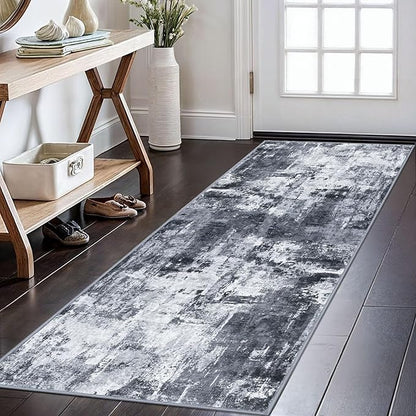 KOZYFLY Modern Abstract Runner Rug 2x6 Washable Grey/Black/Black Runners for Hallways Kitchen Runner Rug Non Slip Carpet Rug Runner Laundry Mat with Soft Low Pile for Entryway Bathroom Bedroom Kitchen