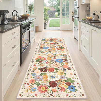 Runner Rug 2x6, Kitchen Rug Non Slip Washable Rugs with Rubber Backing Soft Floral Carpet Runner for Hallways, Kitchen, Laundry, Bedroom, Bathroom (2 x 6, Beige)