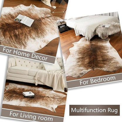 AROGAN Western Decor Faux Fur Cowhide Rug, 6.2 x 5.2 Feet Premium Animal Skin Cow Hide Rug, Durable Cow Print Rugs for Wall Decor, Western Floor Carpet for Bedroom Living Room, Brownish