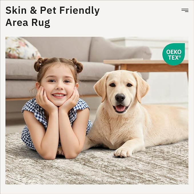 5x7 Area Rugs Brown Low Pile Indoor Washable Trendy Faded Style Rugs for Bedroom Living Room Dining Room Foldable Non-Slip Thin Print Mat