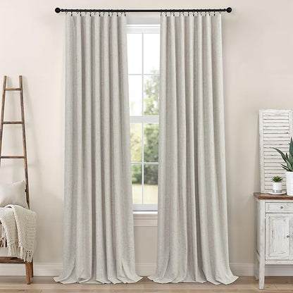 Linen Blackout Curtains 84 Inch Length 2 Panels Set for Living Room Bedroom Back Tab Thermal Insulated 100% Black Out Linen Drape Room Darkening Window Curtain 84 Inch Long Stone Taupe Birch Tan Beige