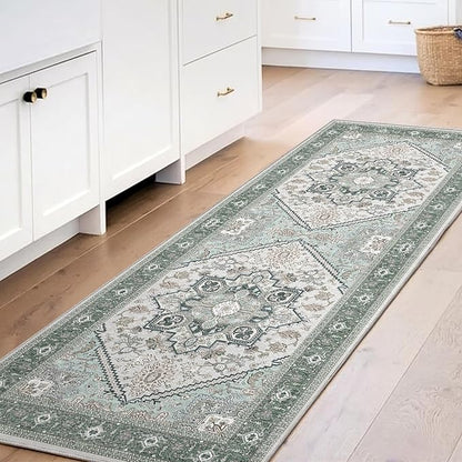 OPPODREAM Soft Entryway Rug 2x6, 2x6 Rug Runner, Washable Hallways Carpet 2 x 6 with Non Slip Backing, Low-Pile Bedside Carpet 2 x 6, Long, Faux Cashmere, Green