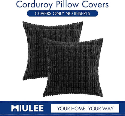 MIULEE Pack of 2 Corduroy Decorative Euro Sham Throw Pillow Covers 24x24 Inch Soft Boho Striped Pillow Covers Modern Farmhouse Home Decor for Halloween Sofa Living Room Couch Bed Black