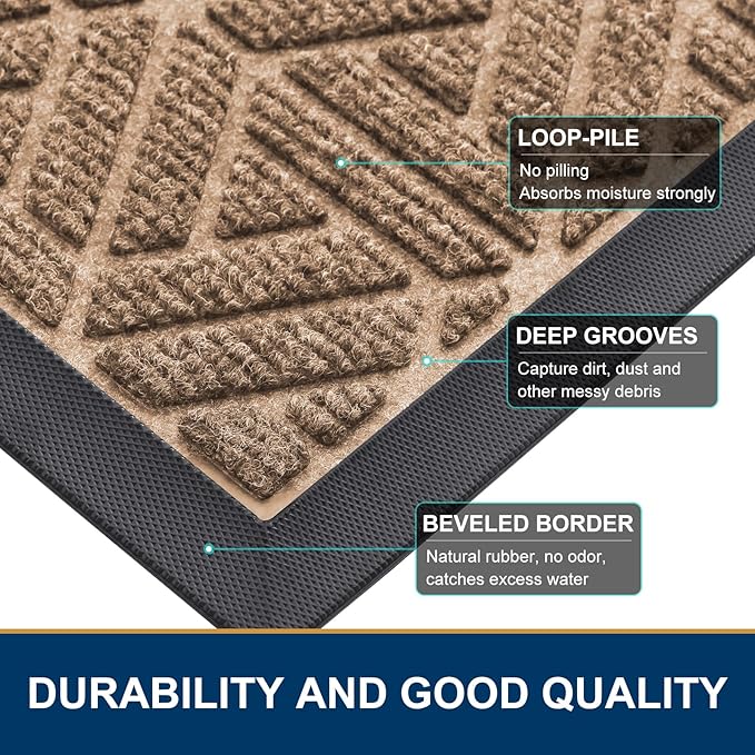 Smiry Front Door Mat Outside Entrance, Heavy Duty Sturdy Natural Rubber Doormat, Trap Dirt and Moisture, Easy Clean Low Profile Mats for Indoor Outdoor Entry, Grid Geometric (35x23, Coffee)