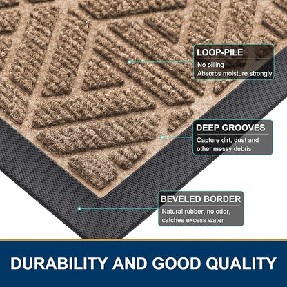 Smiry Front Door Mat Outside Entrance, Heavy Duty Sturdy Natural Rubber Doormat, Trap Dirt and Moisture, Easy Clean Low Profile Mats for Indoor Outdoor Entry, Grid Geometric (35x23, Coffee)