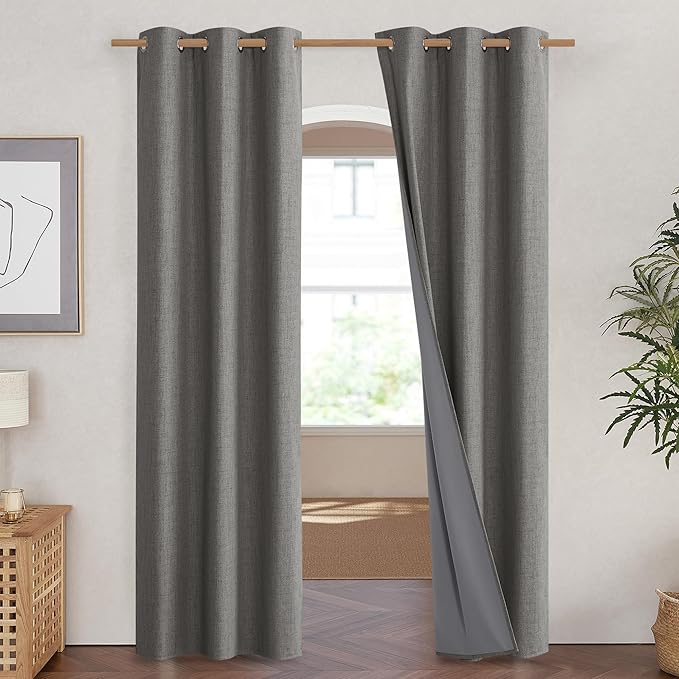 NICETOWN Grizzle Gray Vintage Linen 100% Blackout Curtains for Living Room, Thermal Insulated Curtains 84" Long, Noise Reducing Window Treatment Drapes for Hall Room, 42" Wide Per Panel, Set of 2