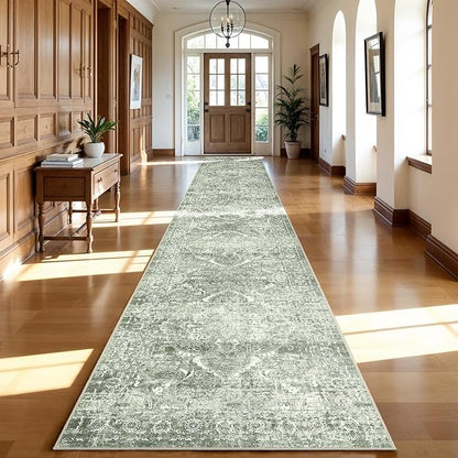 3x20 Washable Hallway Runner Rug - Non Slip Kitchen Runner Rugs with Rubber Backing Vintage Low-Pile Carpet Runners for Entryway Dining Room Laundry Room Home Decor (Muted Sage Green)