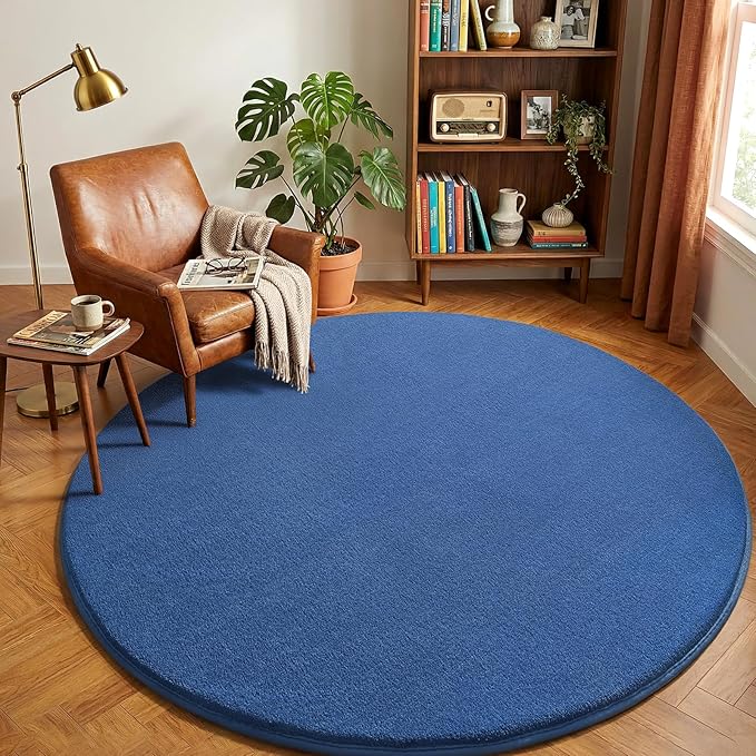Amearea Blue Round Area Rugs 5ft Washable Circle Rugs for Bedroom Living Room, Fluffy Indoor Thickened Memory Foam Rug, Non Slip Minimalist Circular Carpet for Kids Boys Girls Dorm Nursery Room Decor