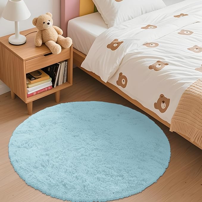 OLANLY Light Blue Round Rugs for Bedroom - Machine Washable, 3 ft Circle Area Rugs for Living Room, Soft and Fluffy Shaggy Carpet for Teen Girl and Boys, Nursery Rooms, Dorms, Home Decor Aesthetic
