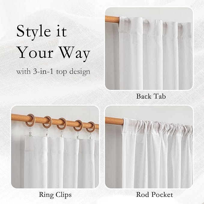 MYSKY HOME 108 Inches Long White Sheer Window Drapes 2 Panel Sets for Sliding Door Back Tab Draperies Linen Look Floor to Ceiling Curtains Soft Cotton Blend Light Filtering for Living Room
