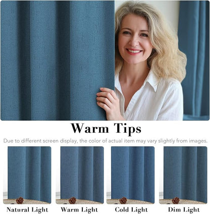 H.VERSAILTEX Linen Blackout Curtains Durable Thick Textured Linen Look 100% Blackout Patio Door Curtain Anti Rust Grommet Extra Wide Sliding Door Curtain Panel, Blue Sapphire, W100 x L96 inch
