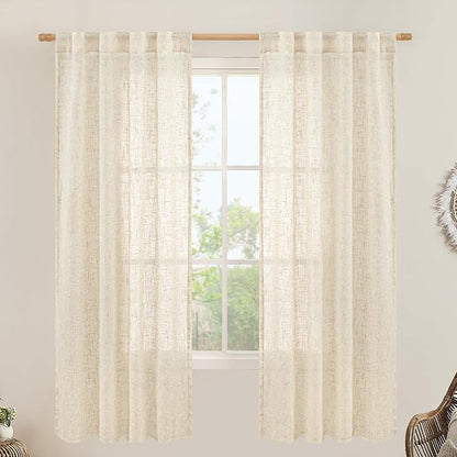 LAMIT Semi Sheer Beige Linen Curtains 72 inch Length, Light Filtering Panels Back Tab and Rod Pocket Neutral Drapes for Bedroom/Living Room, Beige, 2 Panels, 34 x 72 Inch