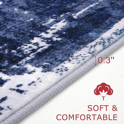 KOZYFLY Modern Abstract Area Rugs 8x10 Navy Blue Machine Washable Thin Rug for Bedroom Non-Slip Living Room Rug, Faux Wool Soft Low Pile Office Carpet for Dining Room, Bedroom, Kitchen Bathroom