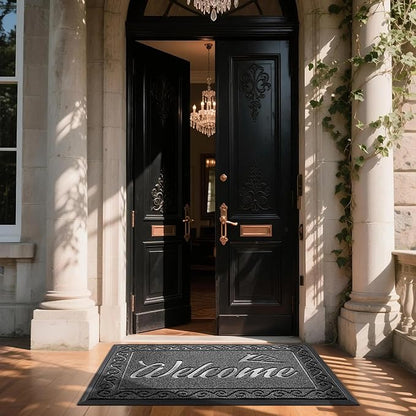 Yimobra Welcome Mat, Heavy Duty Sturdy Door Mats for Home Entrance Outdoor Indoor, Front Doormat for Outside Patio Floor Entry Porch Garage Office, Waterproof, Low Profile, 60 x 36, Black Grey