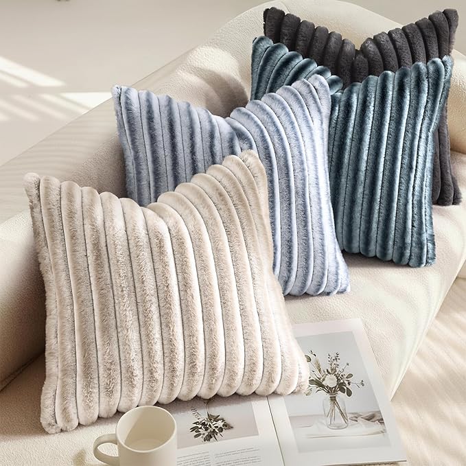 decorUhome Cozy Faux Fur Throw Pillow Covers 12x20 Set of 2 Decorative Soft Plush Striped Lumbar Modern Farmhouse Boho Couch Pillow Cases with Velvet Back for Sofa Bed Living Room, Blue Grey