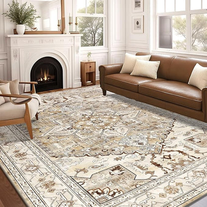 Yamaziot Area Rug 8x10, Non-Slip Washable Boho Vintage Living Room Bedroom Rug with Rubber Backing, Low Pile Faux Wool Soft Distressed Rug Floor Carpet for Living Room, Bedroom
