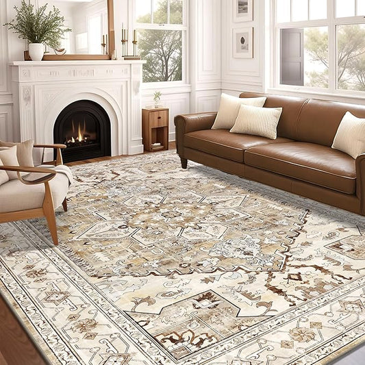 Yamaziot Area Rug 8x10, Non-Slip Washable Boho Vintage Living Room Bedroom Rug with Rubber Backing, Low Pile Faux Wool Soft Distressed Rug Floor Carpet for Living Room, Bedroom