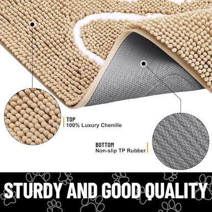 Smiry Dog Door Mat for Muddy Paws, Absorbent Dirt Trapper Non Slip Quick Dry Washable Chenille Mat for Mud Dogs, Entry Rug for Indoor and Outdoor (71x46 Inches, Beige and White)